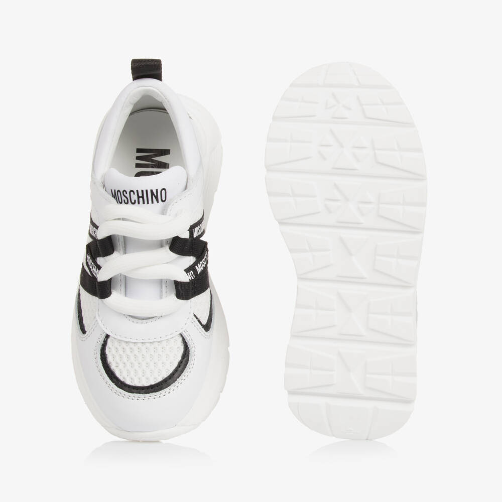 Moschino-White Leather & Mesh Lace-Up Trainers | Childrensalon