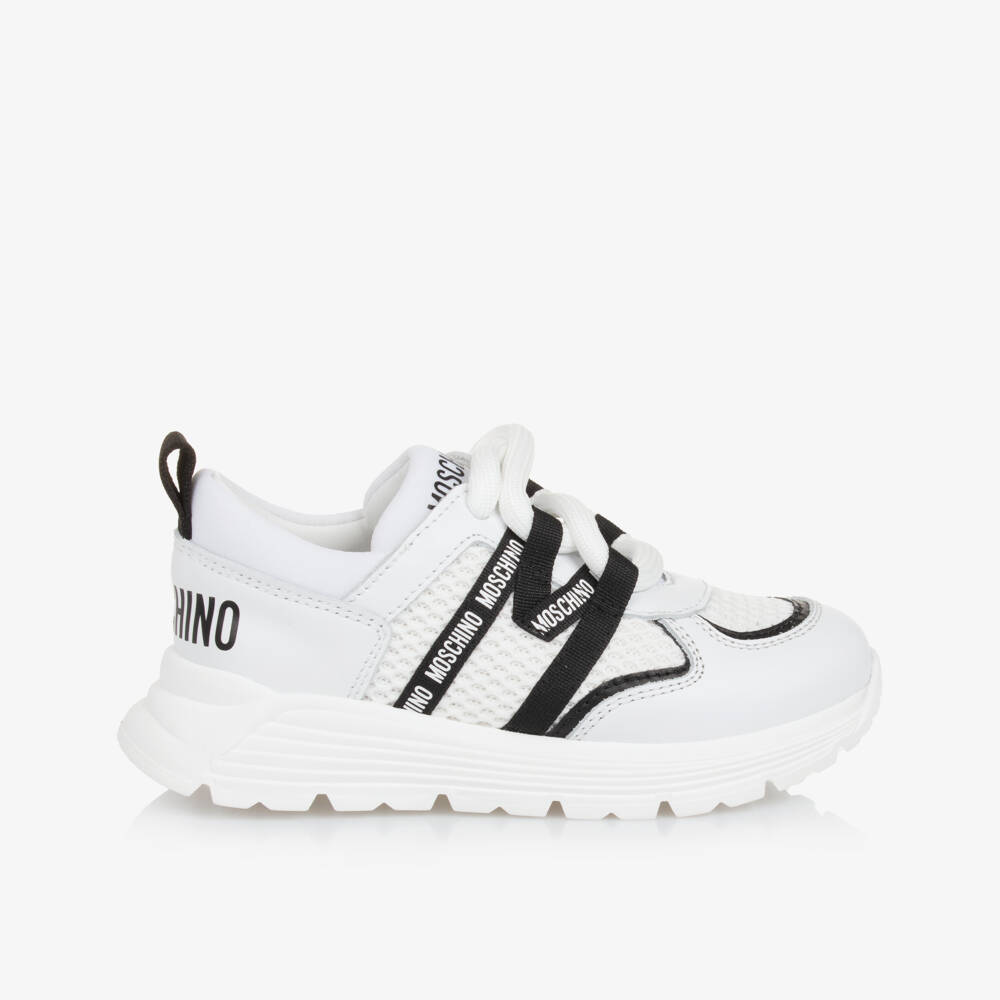 Moschino-White Leather & Mesh Lace-Up Trainers | Childrensalon