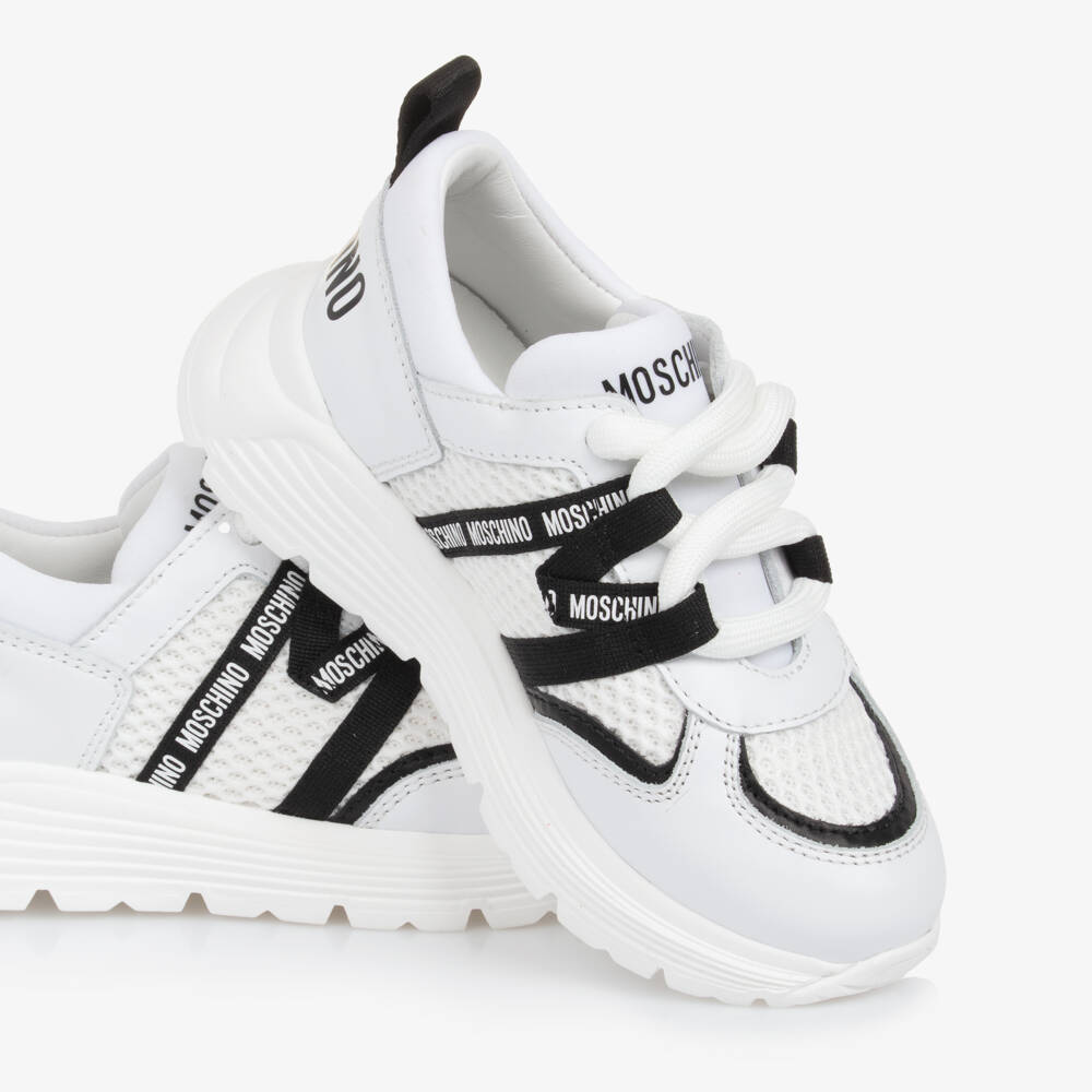 Moschino-White Leather & Mesh Lace-Up Trainers | Childrensalon