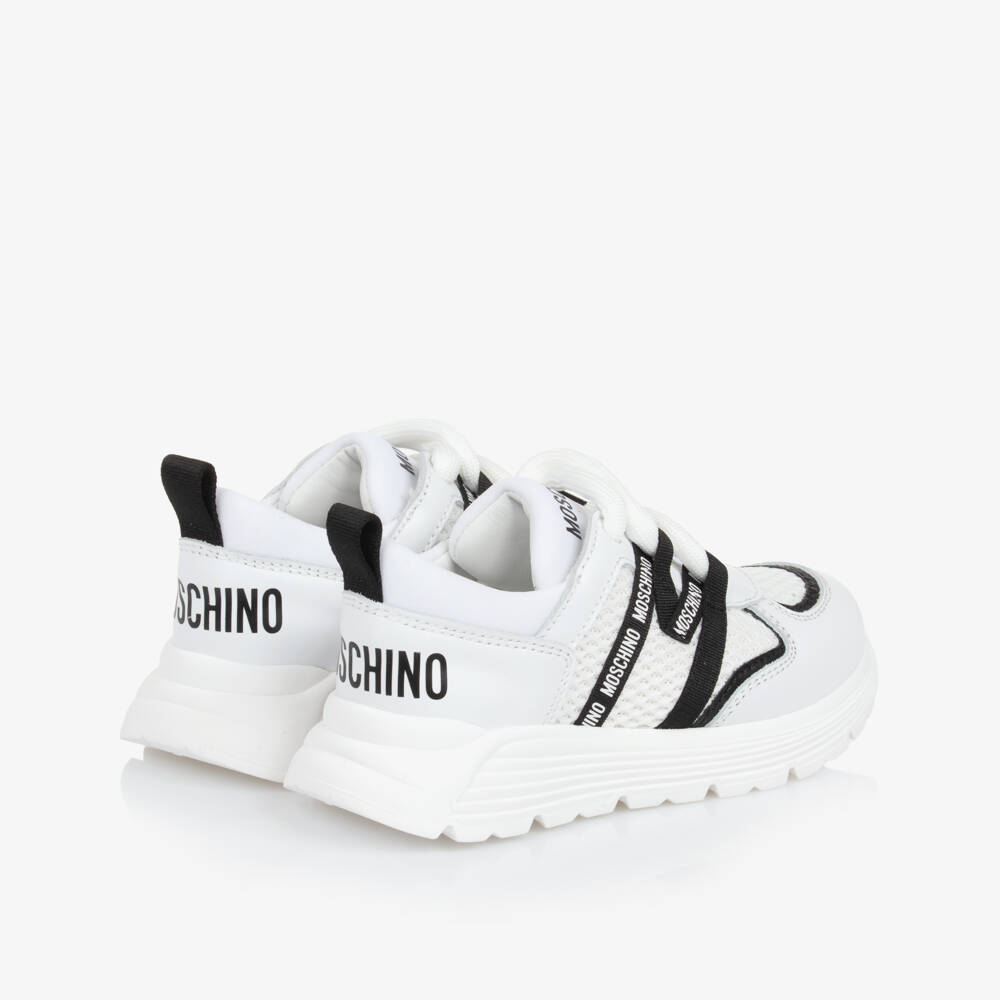 Moschino-White Leather & Mesh Lace-Up Trainers | Childrensalon