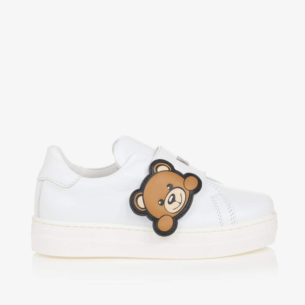 Moschino-White Leather Teddy Logo Trainers | Childrensalon