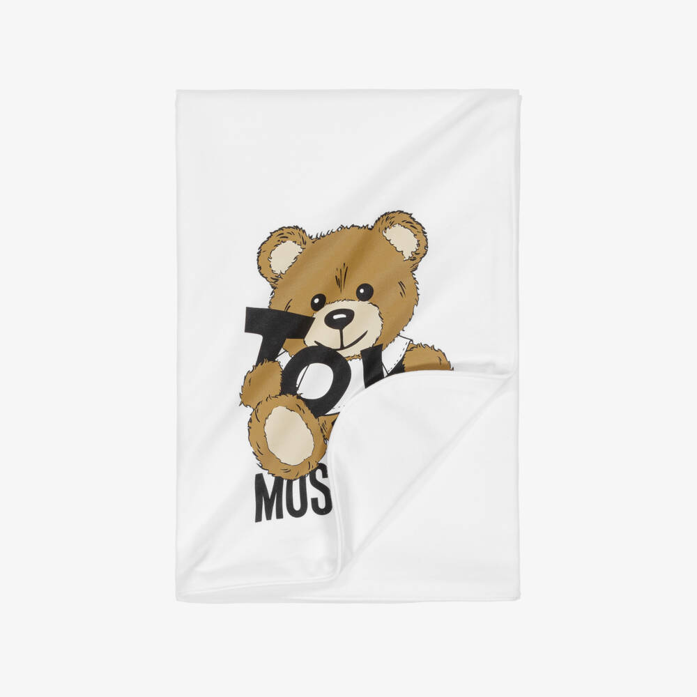 Moschino-White Teddy Bear Logo Cotton Blanket (70cm) | Childrensalon