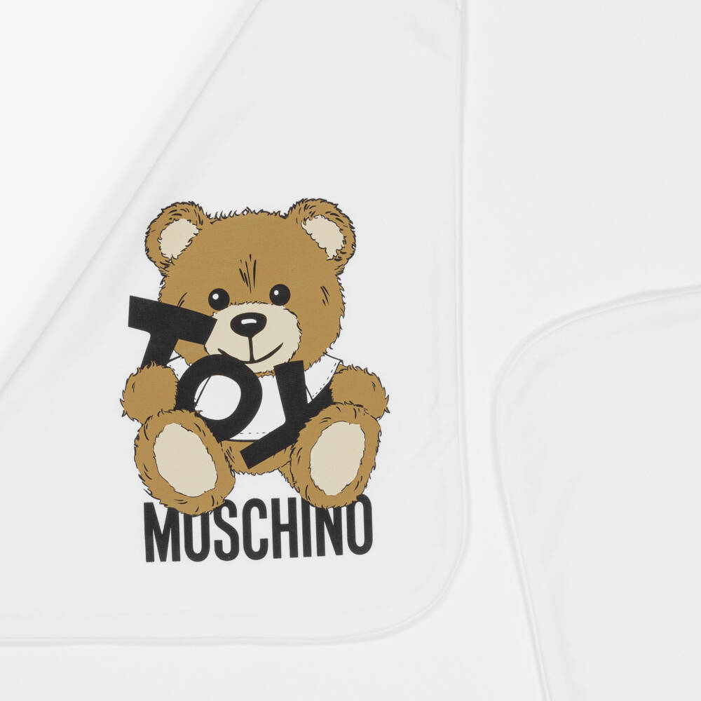 Moschino-White Teddy Bear Logo Cotton Blanket (70cm) | Childrensalon