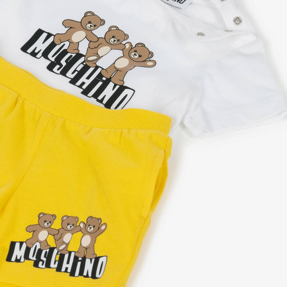Moschino-White & Yellow Cotton 3 Bears Logo Shorts Set | Childrensalon