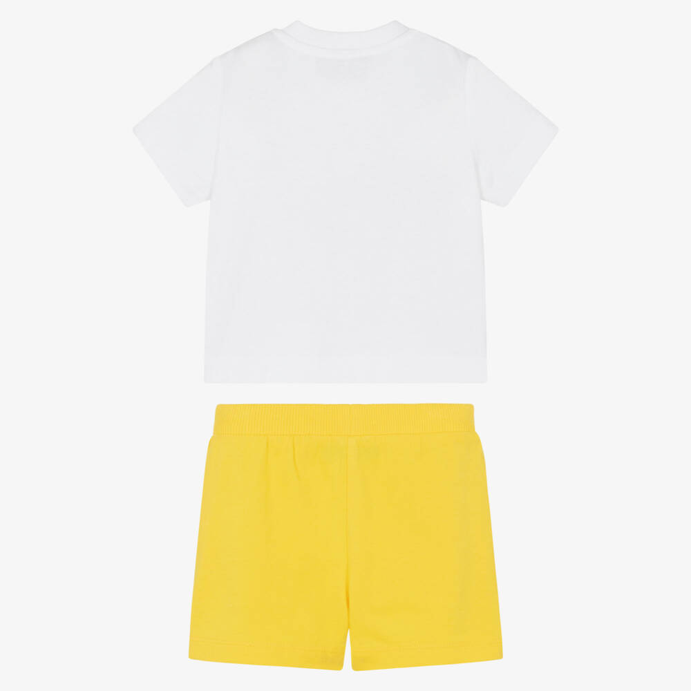 Moschino-White & Yellow Cotton 3 Bears Logo Shorts Set | Childrensalon