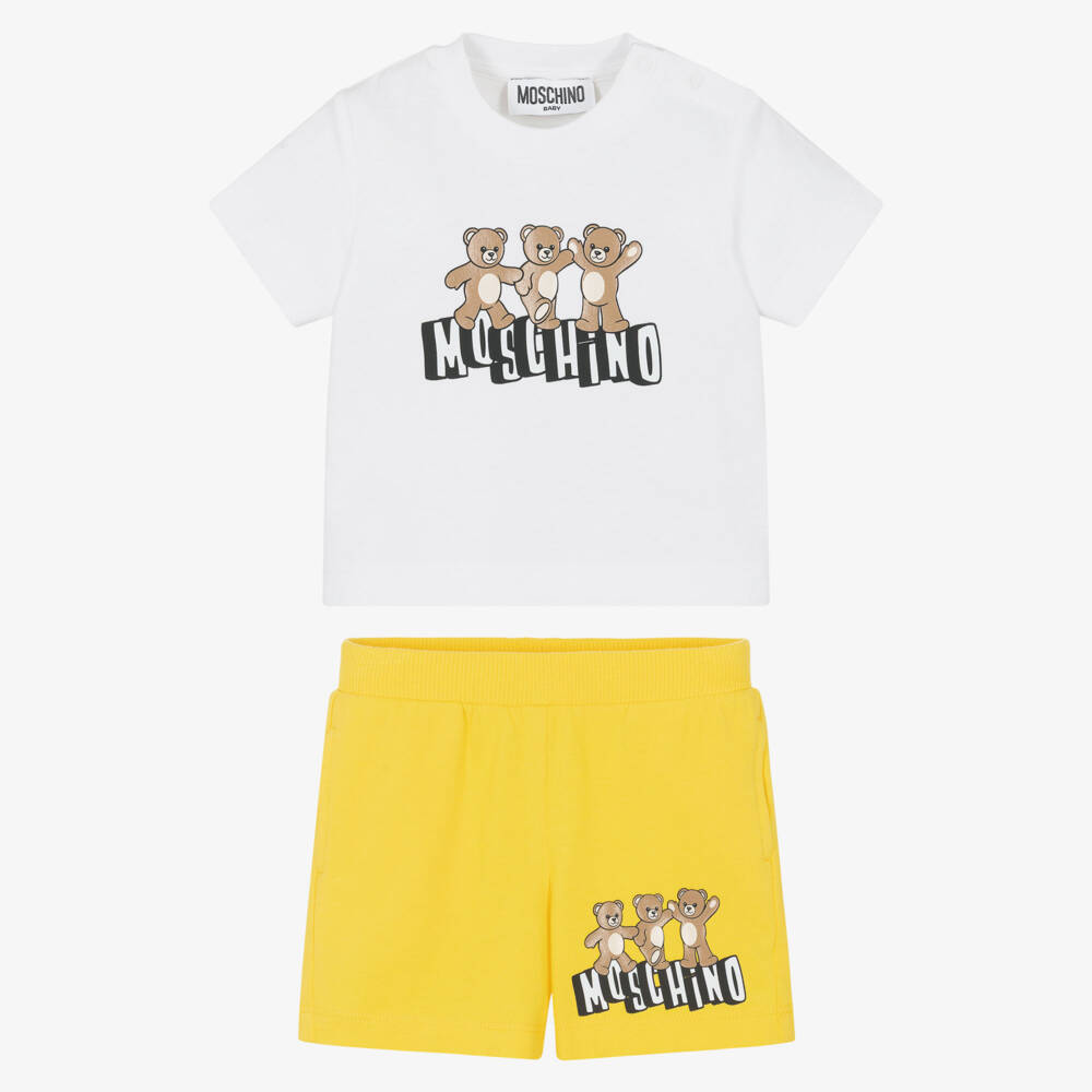 Moschino-White & Yellow Cotton 3 Bears Logo Shorts Set | Childrensalon