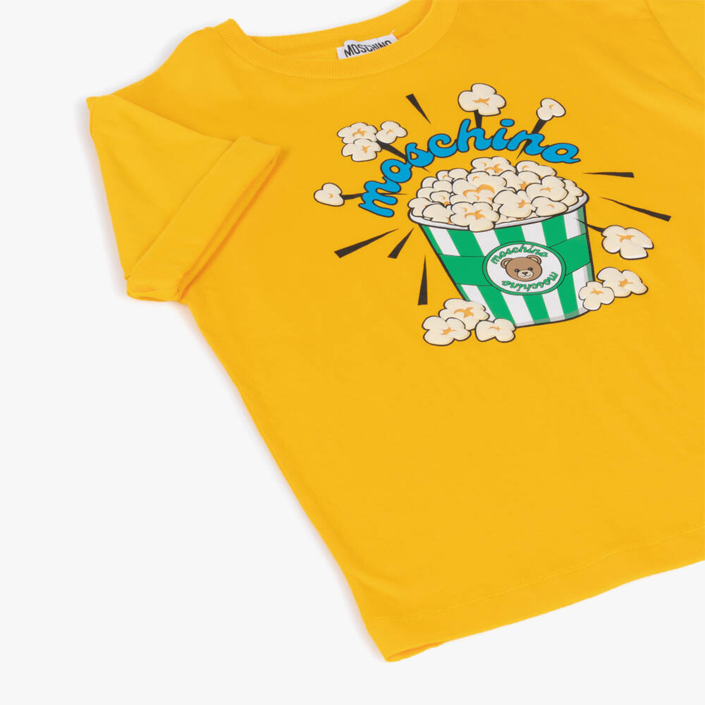 Moschino-Yellow Cotton T-Shirt with Popcorn Graphic | Childrensalon
