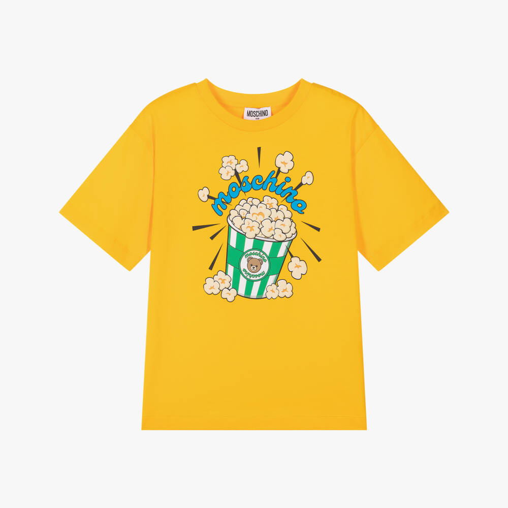 Moschino-Yellow Cotton T-Shirt with Popcorn Graphic | Childrensalon