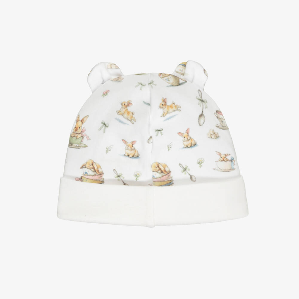 My Little Pie-Baby Girls Ivory Cotton Bunny Tea Print Hat | Childrensalon