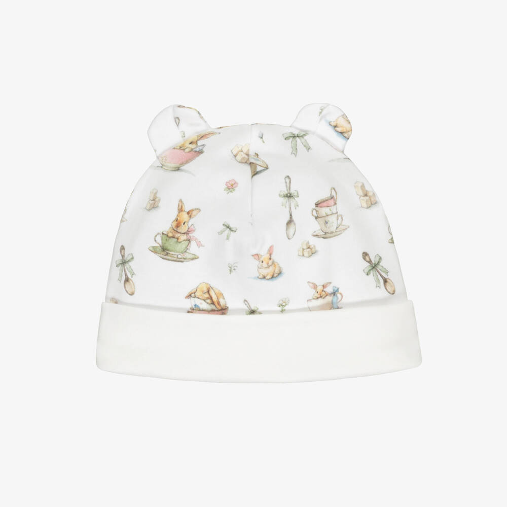 My Little Pie-Baby Girls Ivory Cotton Bunny Tea Print Hat | Childrensalon
