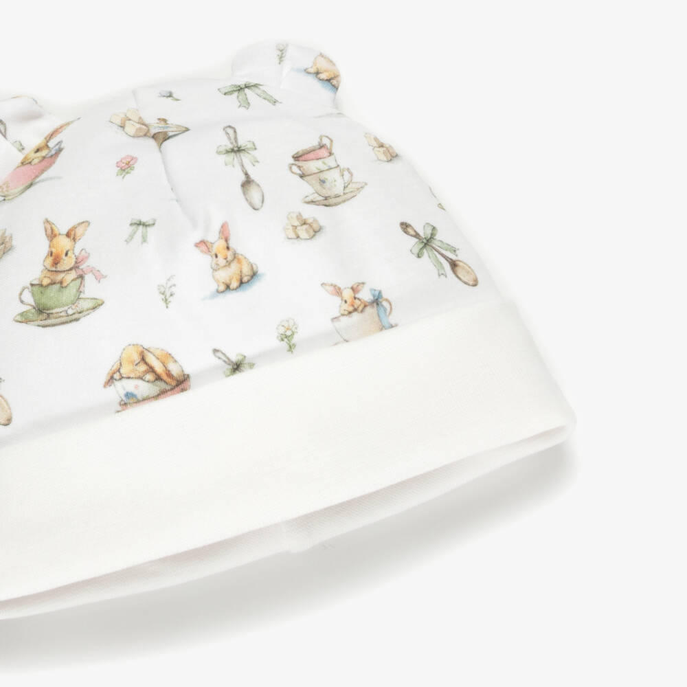 My Little Pie-Baby Girls Ivory Cotton Bunny Tea Print Hat | Childrensalon