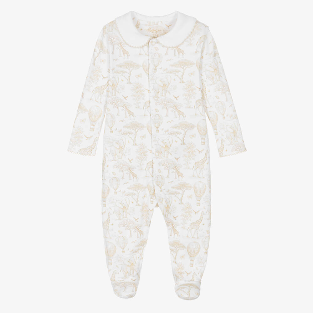 My Little Pie-Beige Supima Cotton Toile de Jouy Africa Print Babygrow | Childrensalon