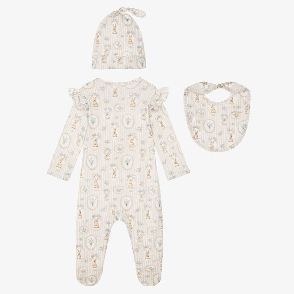 My Little Pie-Girls Ivory Stripe Babysuit Set with Bunnies & Florals | Childrensalon