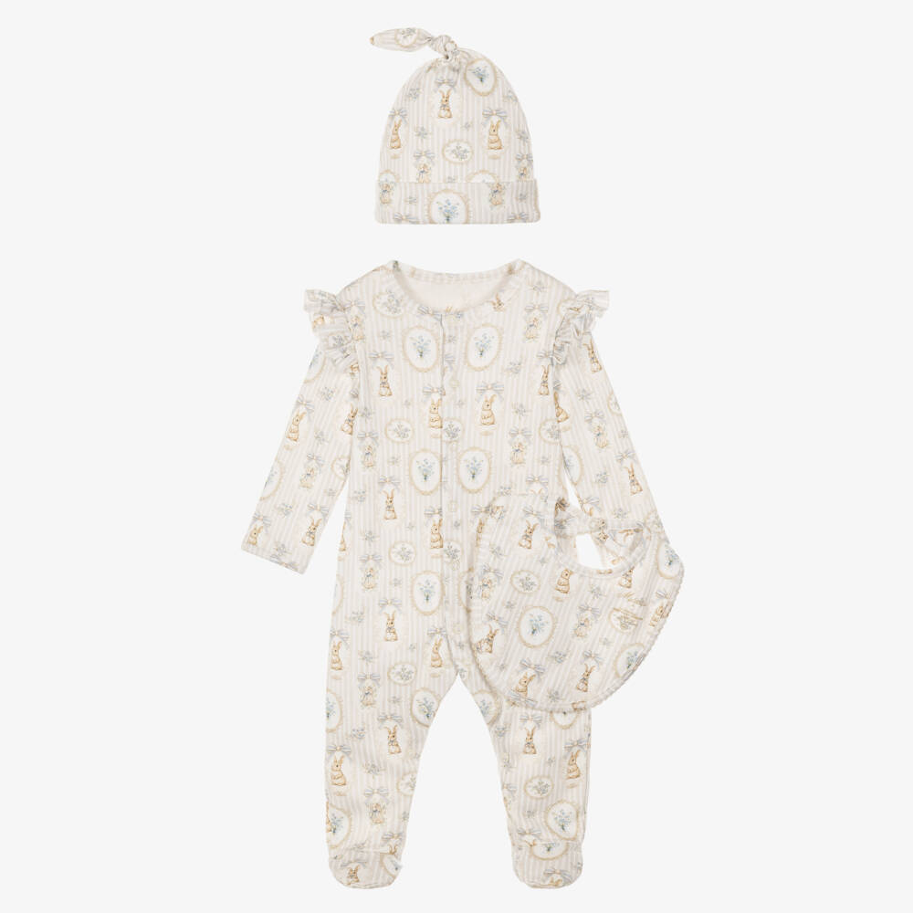 My Little Pie-Girls Ivory Stripe Babysuit Set with Bunnies & Florals | Childrensalon