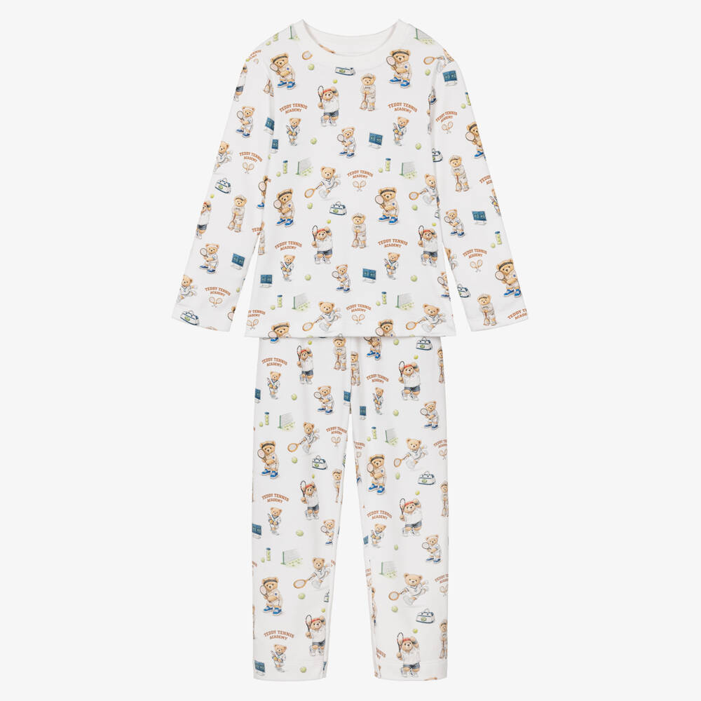 My Little Pie-Off-White Supima Cotton Pyjamas with Teddy Tennis Print | Childrensalon