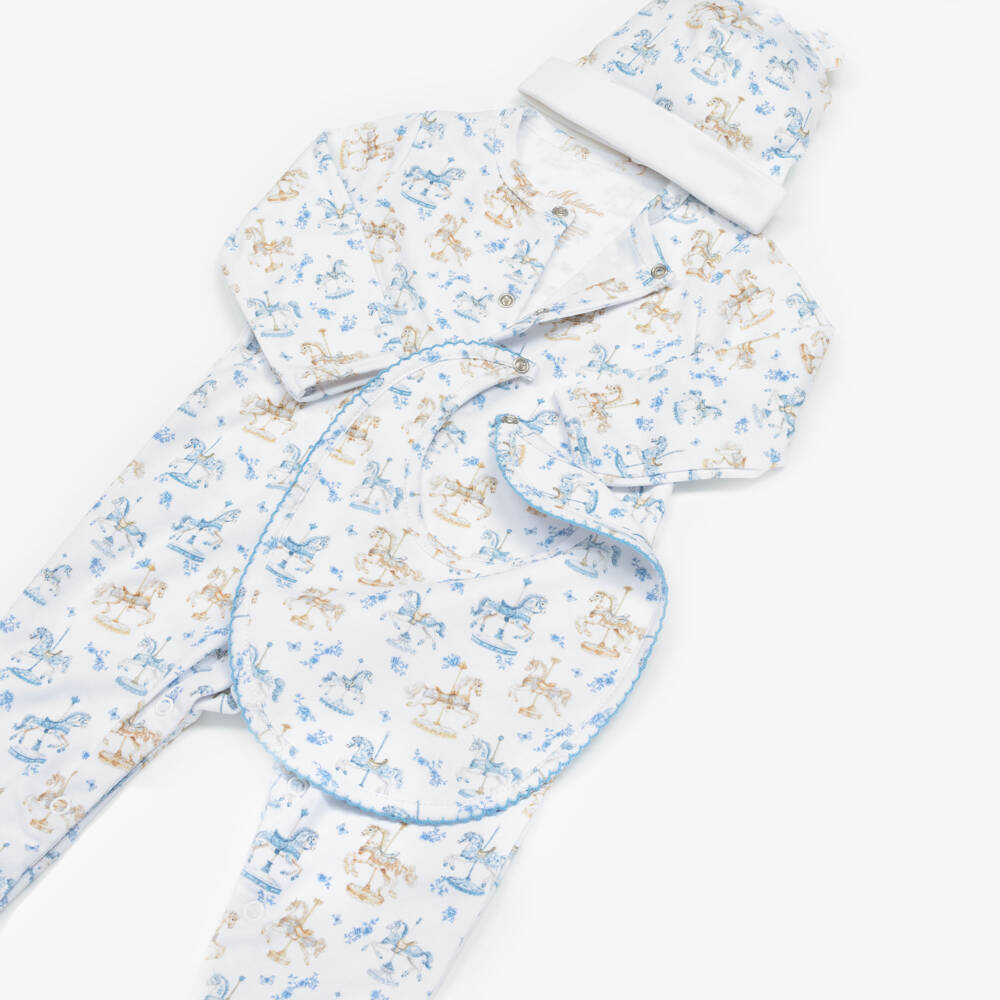 My Little Pie-White & Blue Carousel Print Supima Cotton Babysuit Set | Childrensalon