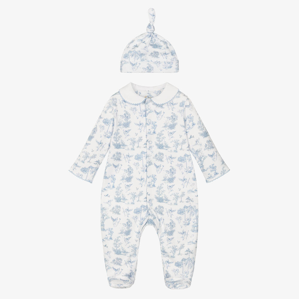 My Little Pie-White & Blue Supima Cherub Toile de Juoy Babygrow & Hat Set | Childrensalon