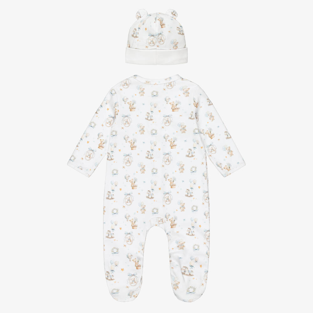 My Little Pie-White & Blue Supima Cotton Teddy Bear Print Babysuit Set | Childrensalon