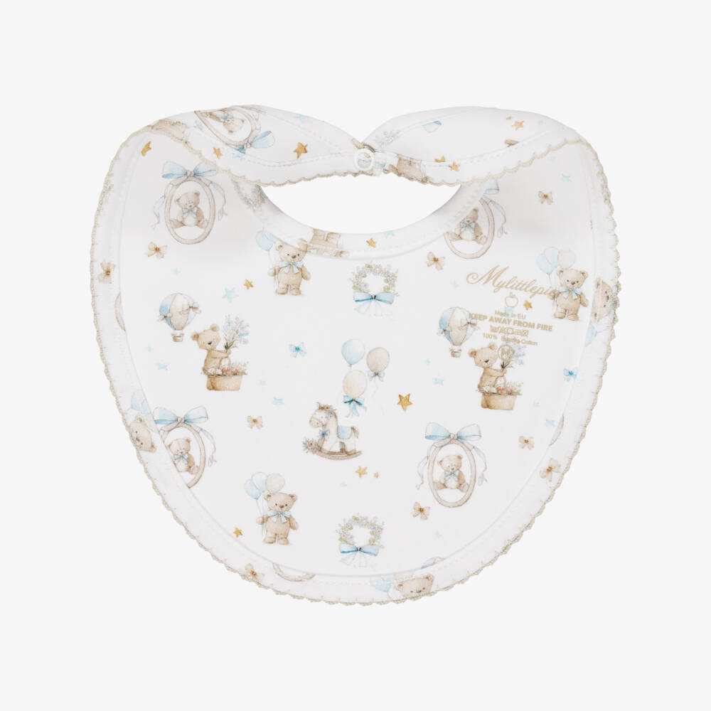 My Little Pie-White & Blue Teddy Bear Print Supima Cotton Baby Bib | Childrensalon