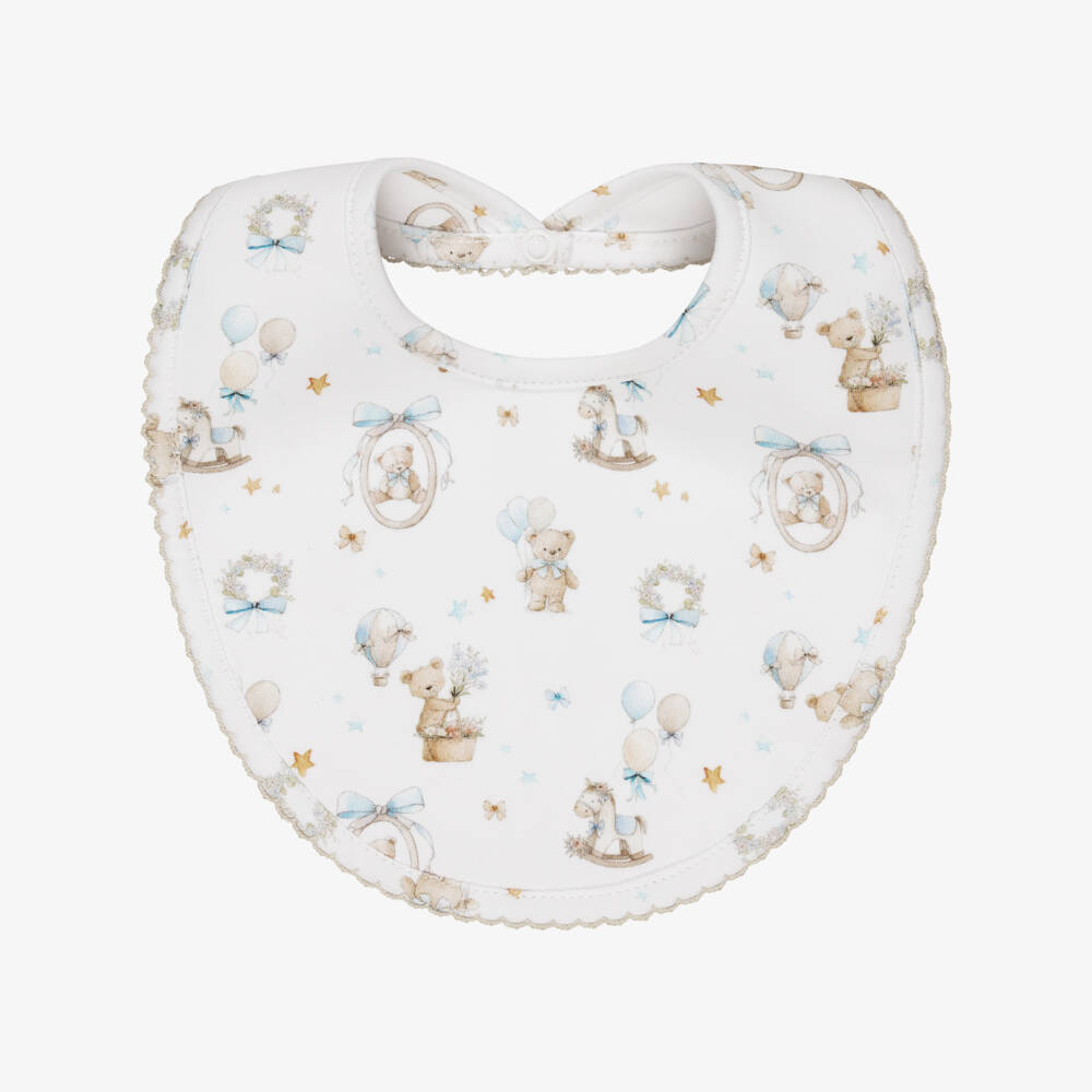 My Little Pie-White & Blue Teddy Bear Print Supima Cotton Baby Bib | Childrensalon