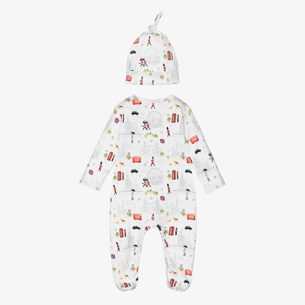 My Little Pie-White Cotton London Bridge Babygrow & Hat Set | Childrensalon