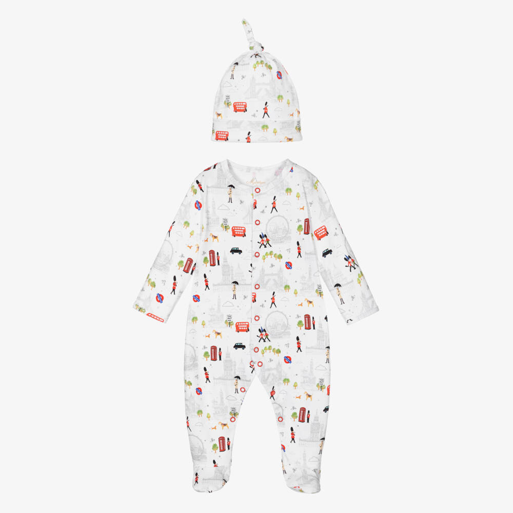 My Little Pie-White Cotton London Bridge Babygrow & Hat Set | Childrensalon