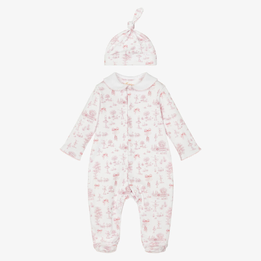 My Little Pie-White & Pink Supima Swan Lake Toile de Juoy Babygrow & Hat Set | Childrensalon