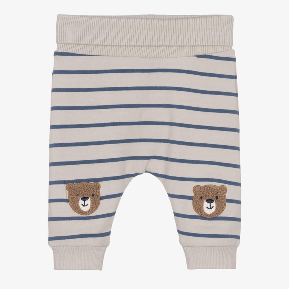 NAME IT-Baby Boys Beige & Blue Stripe Trousers with Bear Appliqués | Childrensalon