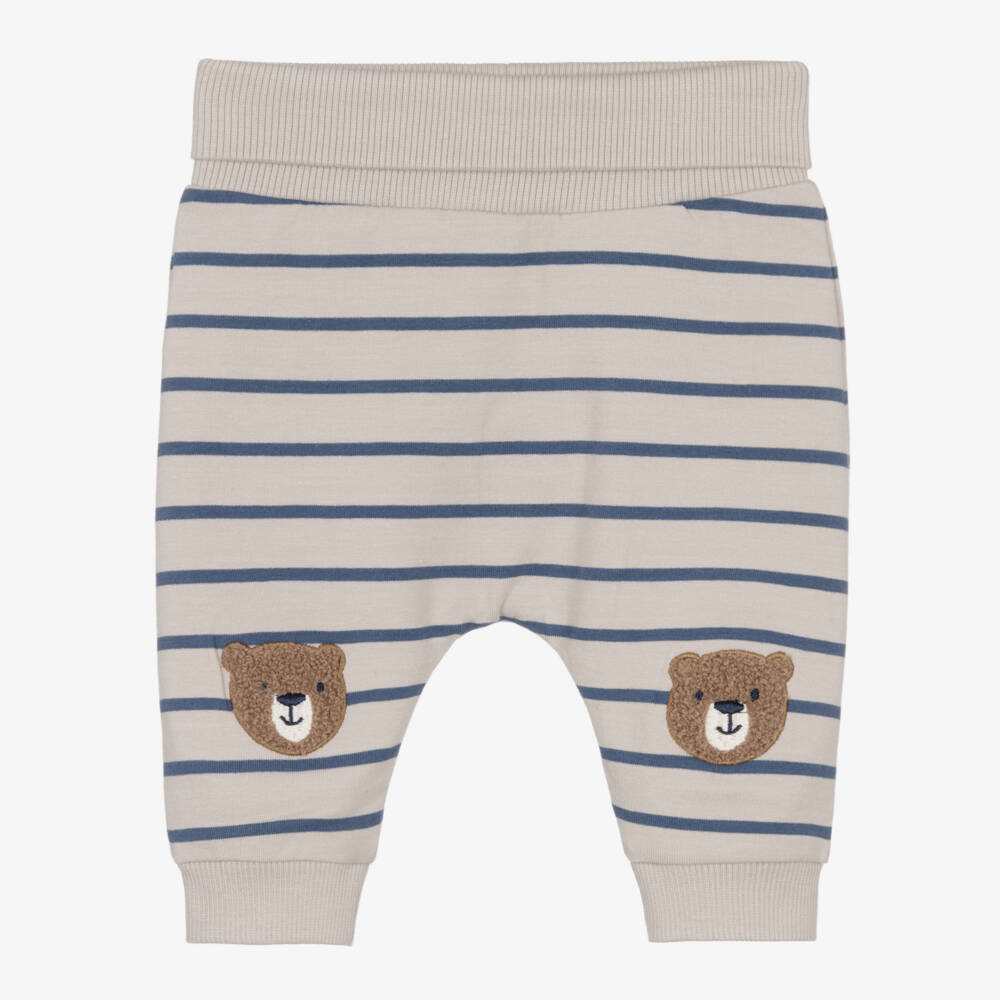 NAME IT-Baby Boys Beige & Blue Stripe Trousers with Bear Appliqués | Childrensalon
