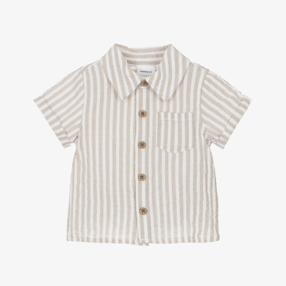 NAME IT-Baby Boys Beige & White Striped Organic Cotton Shirt | Childrensalon