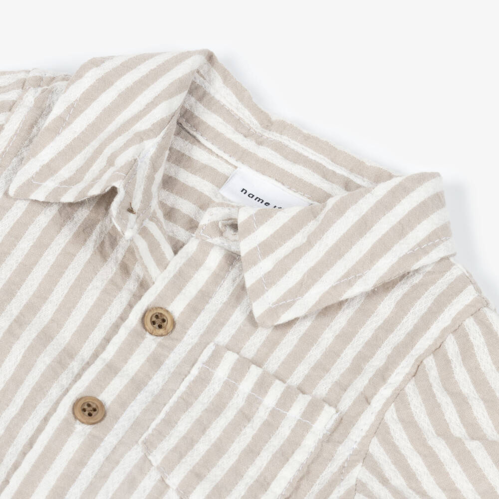 NAME IT-Baby Boys Beige & White Striped Organic Cotton Shirt | Childrensalon