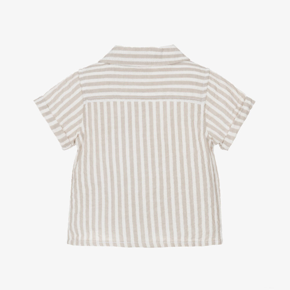 NAME IT-Baby Boys Beige & White Striped Organic Cotton Shirt | Childrensalon