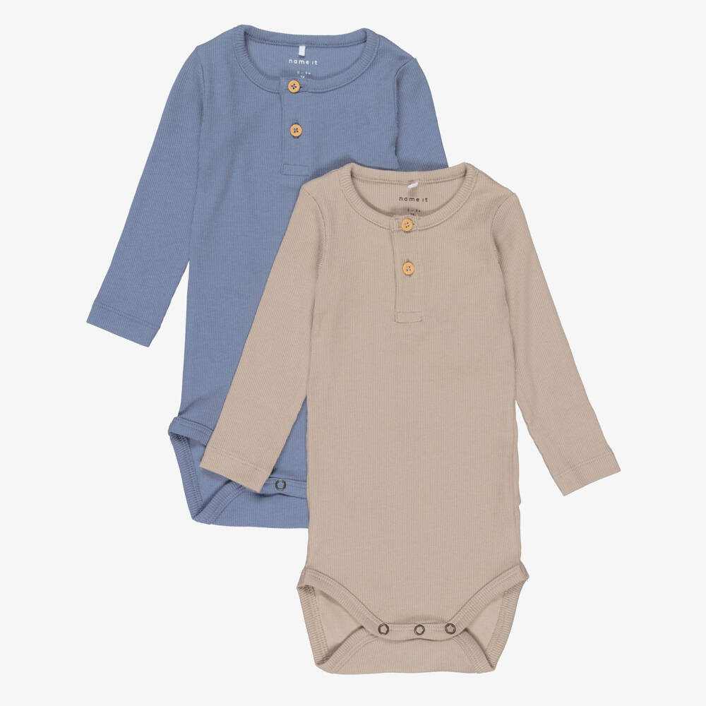 NAME IT-Baby Boys Blue & Beige Cotton Bodyvests (2 Pack) | Childrensalon