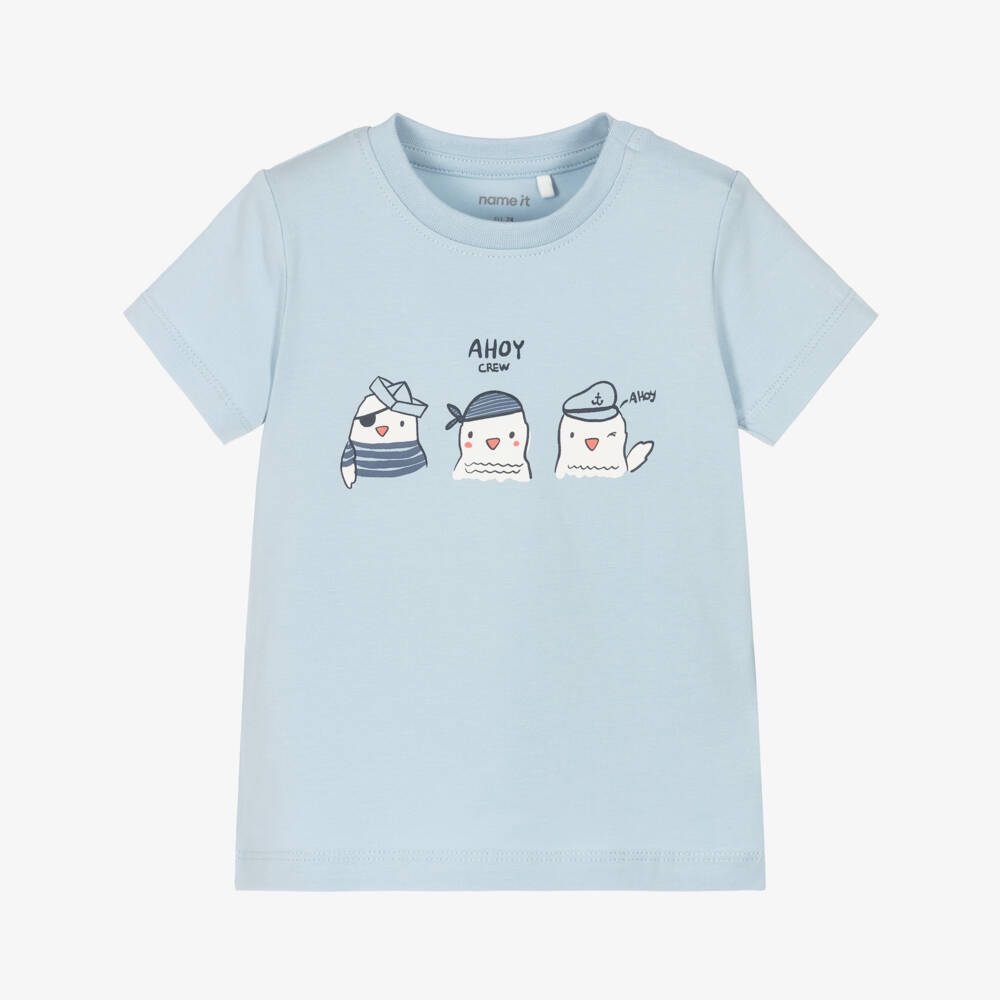 NAME IT-Baby Boys Blue Cotton T-Shirt with Playful Seagull Motif | Childrensalon