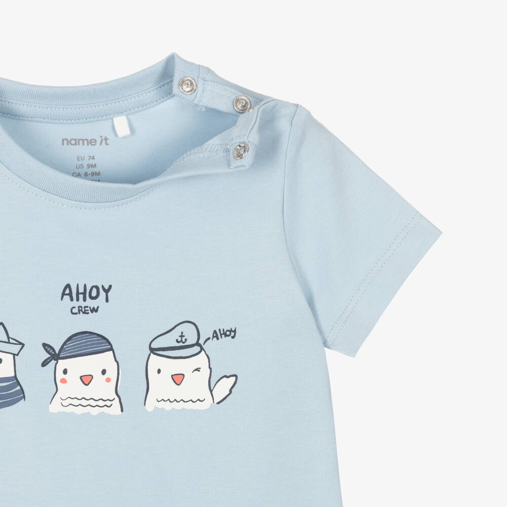 NAME IT-Baby Boys Blue Cotton T-Shirt with Playful Seagull Motif | Childrensalon