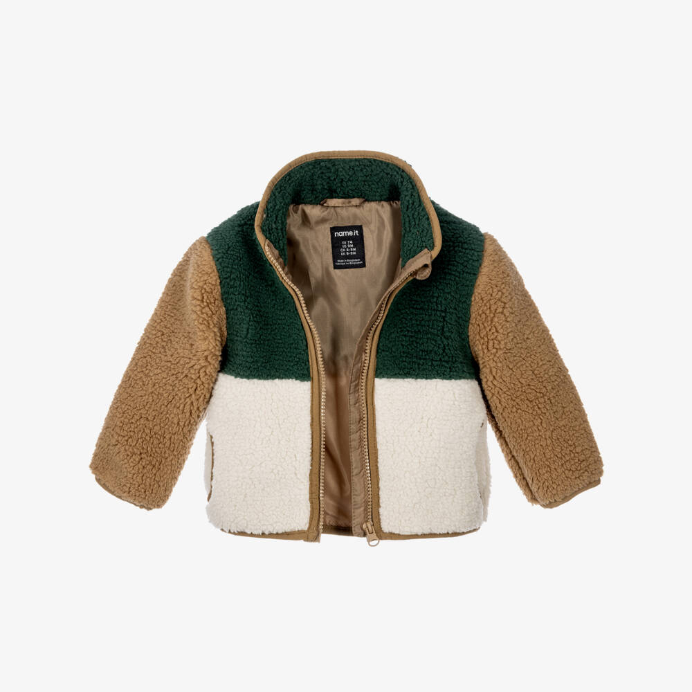NAME IT-Baby Boys Green & Brown Teddy Fleece Jacket | Childrensalon