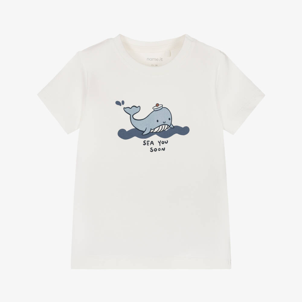 NAME IT-Baby Boys Ivory Cotton T-Shirt with Playful Whale Motif | Childrensalon