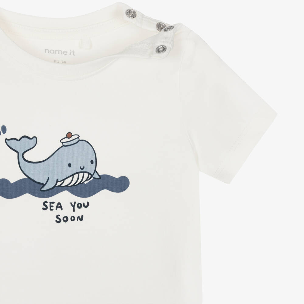 NAME IT-Baby Boys Ivory Cotton T-Shirt with Playful Whale Motif | Childrensalon