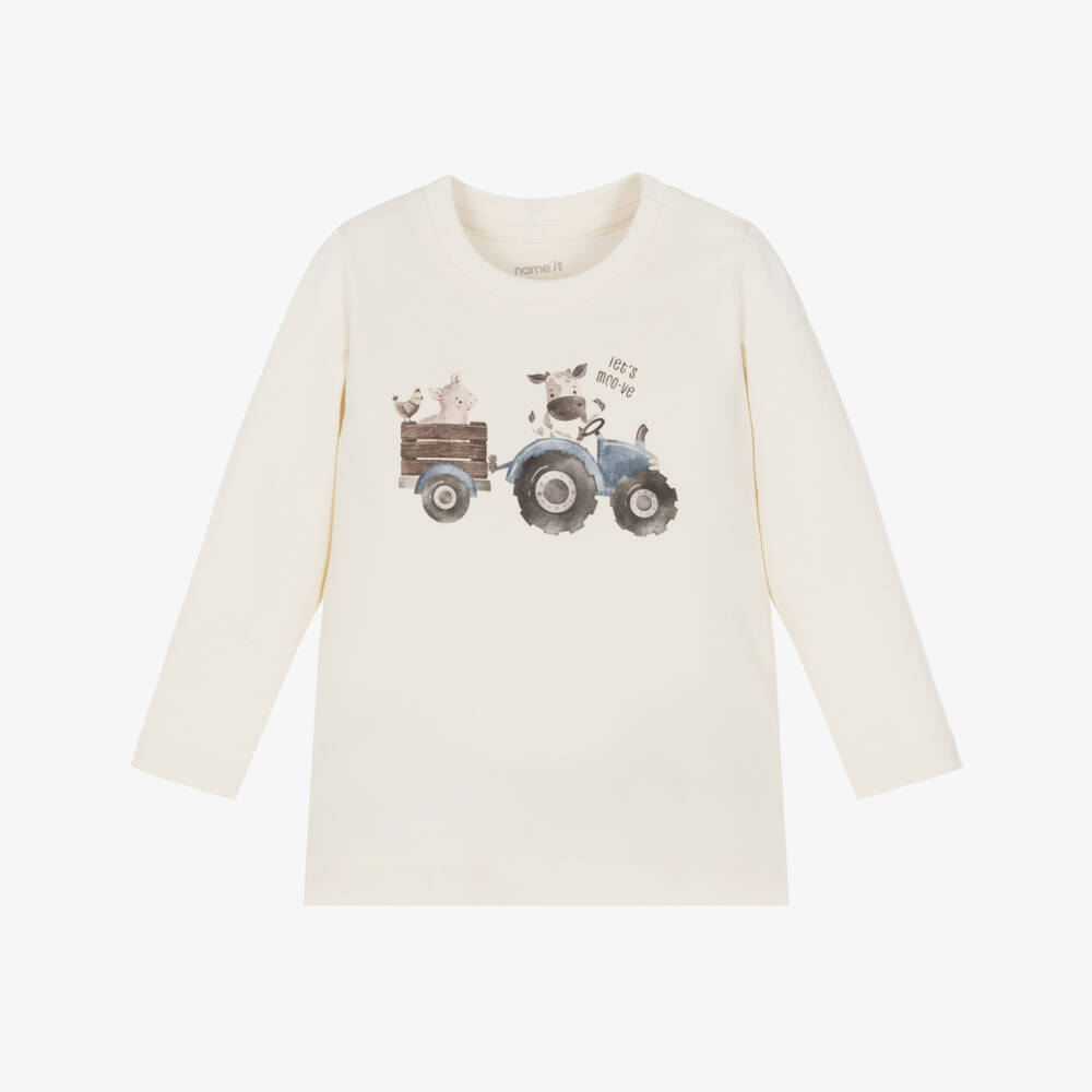 NAME IT-Baby Boys Ivory Cotton Top with Tractor Print | Childrensalon