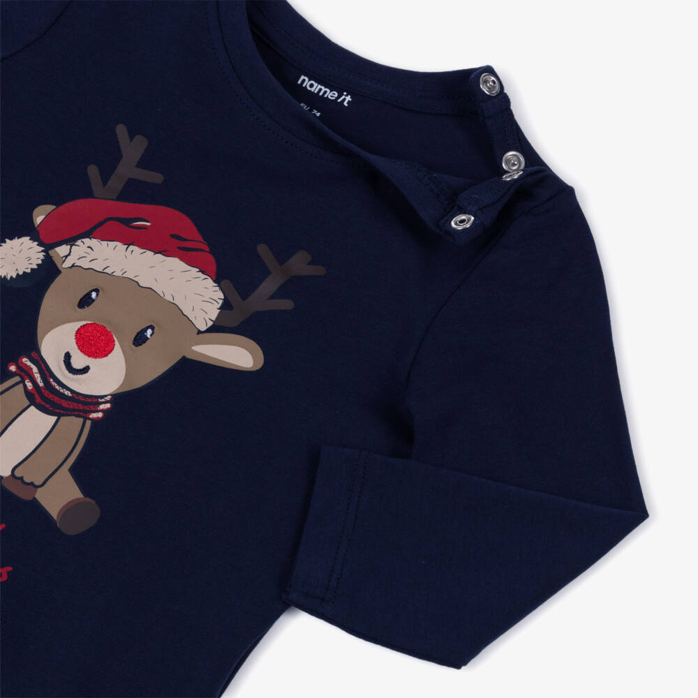 NAME IT-Baby Boys Navy Blue Cotton Festive Reindeer Top | Childrensalon