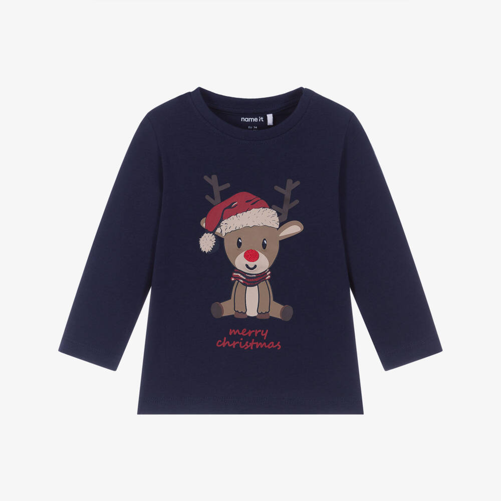 NAME IT-Baby Boys Navy Blue Cotton Festive Reindeer Top | Childrensalon