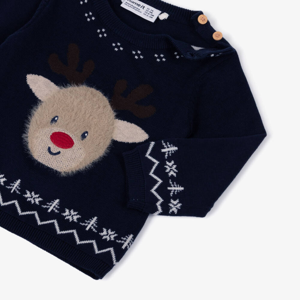 NAME IT-Baby Boys Navy Blue Cotton Knit Reindeer Sweater | Childrensalon