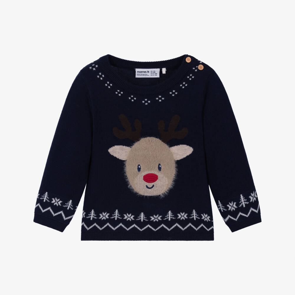 NAME IT-Baby Boys Navy Blue Cotton Knit Reindeer Sweater | Childrensalon