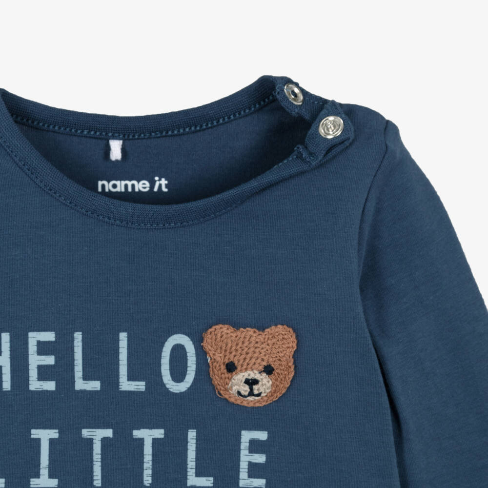NAME IT-Baby Boys Navy Blue Cotton Top with Embroidered Bear | Childrensalon
