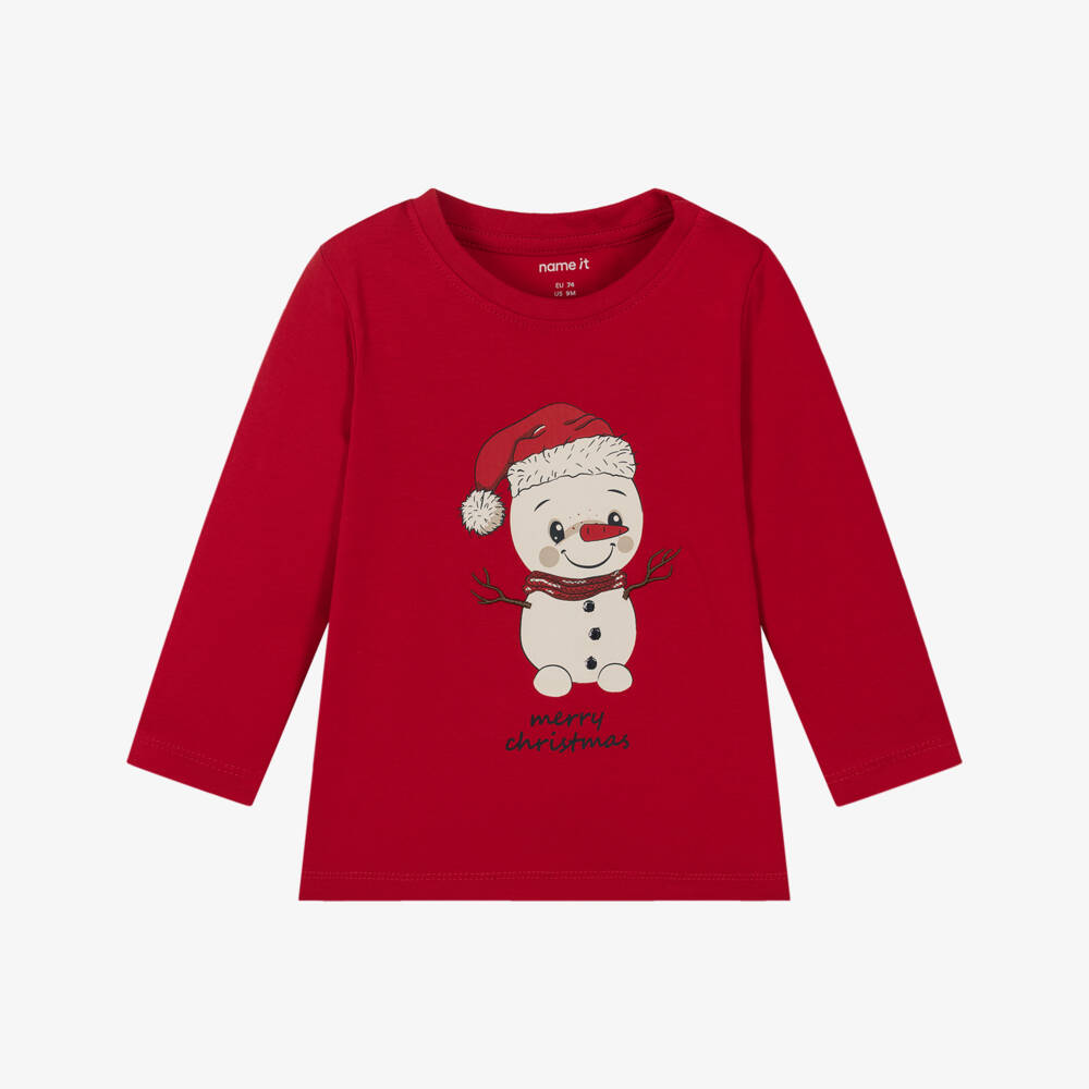NAME IT-Baby Boys Red Cotton Festive Snowman Top | Childrensalon
