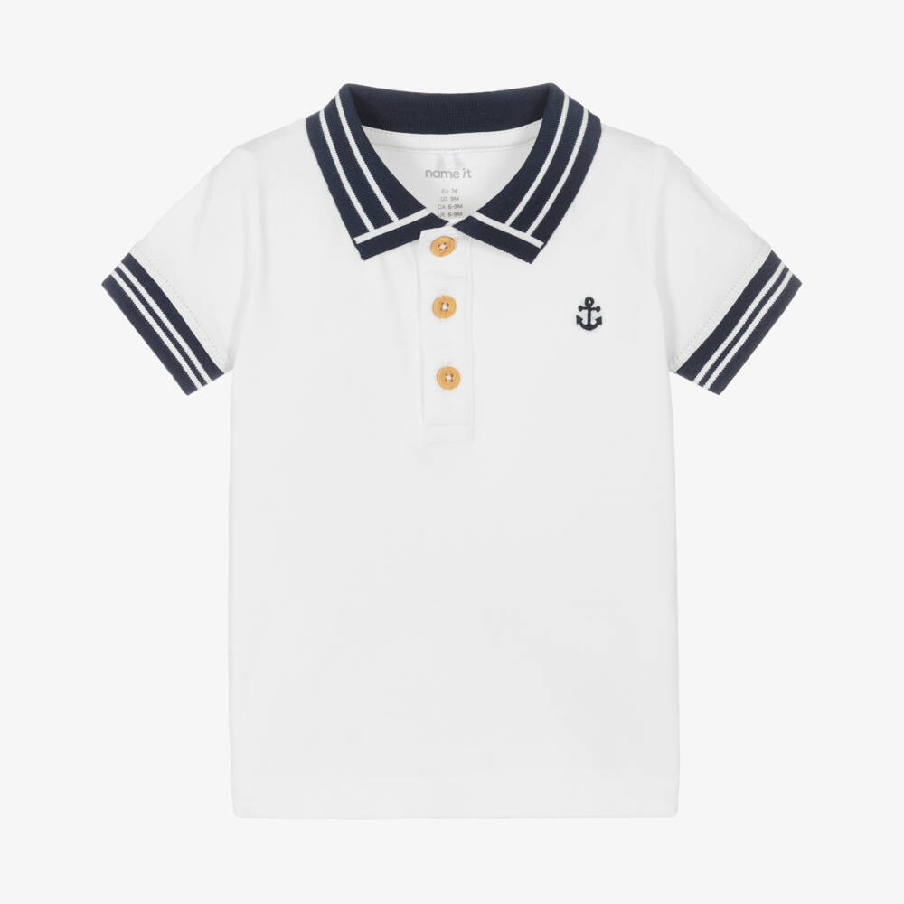 NAME IT-Baby Boys White & Navy Blue Cotton Jersey Polo Shirt | Childrensalon