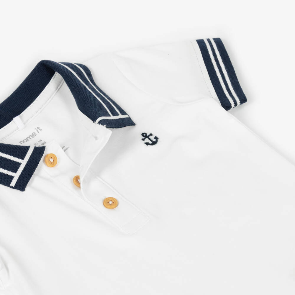 NAME IT-Baby Boys White & Navy Blue Cotton Jersey Polo Shirt | Childrensalon