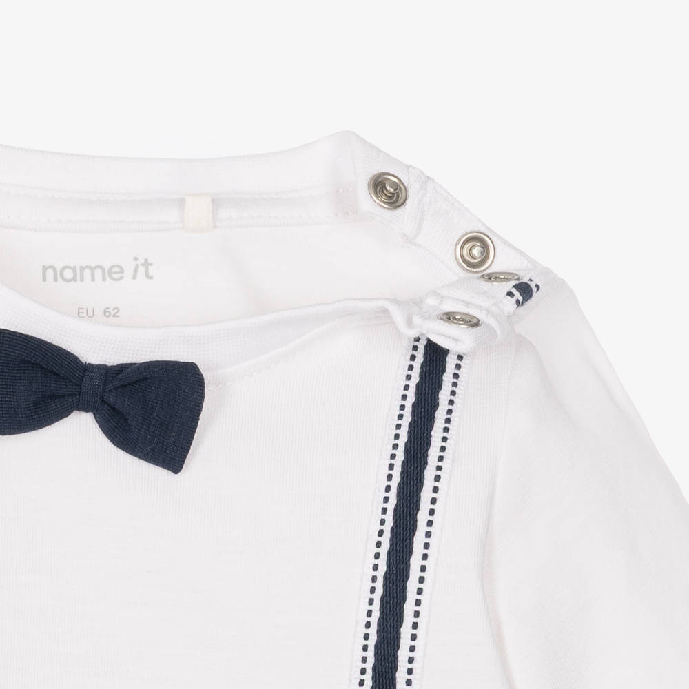 NAME IT-Baby Boys White & Navy Blue Romper with Bow Tie & Braces | Childrensalon