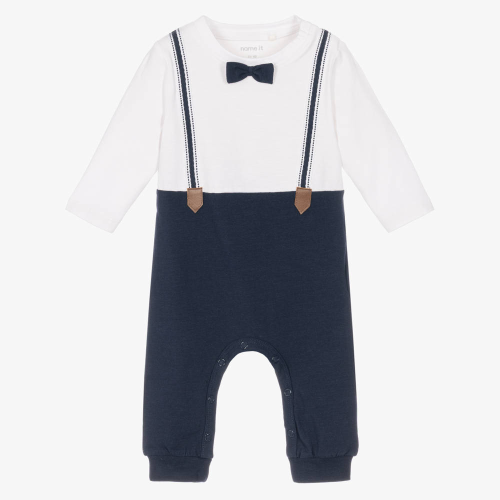 NAME IT-Baby Boys White & Navy Blue Romper with Bow Tie & Braces | Childrensalon