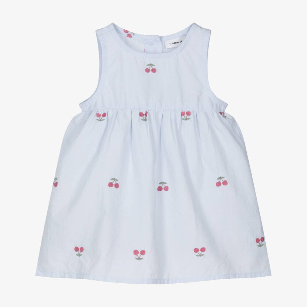 NAME IT-Baby Girls Blue Embroidered Cherry Organic Cotton Dress | Childrensalon
